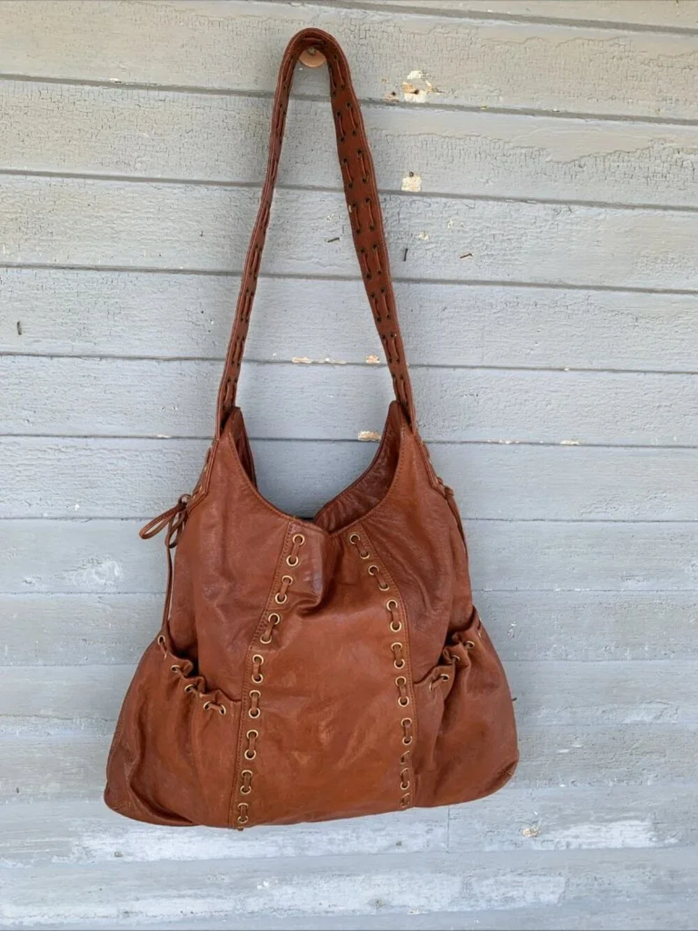 Kooba Marcelle Brown Leather Hobo Bag, Lavender Suede Lining, Magnetic Closure